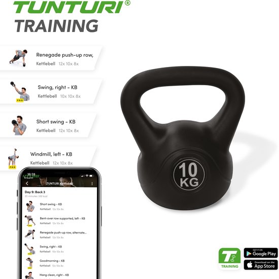Zwarte kettlebell met app-weergave van oefeningen zoals 'Renegade push-up row' en 'Short swing'.