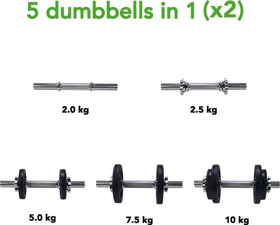 Tunturi Dumbells Gietijzer totaal 20kg - Halterset met schroefsluiting - Dumbbell set - 2 halterstangen - 30mm - incl. gratis fitness app - Tunturi