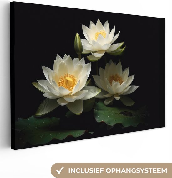 Canvas Schilderij Lotus - Bloemen - Wit - Natuur - Zwart - 30x20 cm - Wanddecoratie