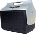 Zwarte Igloo Playmate koelbox met zilverkleurig handvat en een gele knop