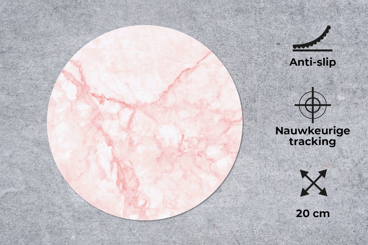 Muismat rond 20x20 cm - Mousepad Marmer - Wit - Roze - Chic - Ronde muismatten