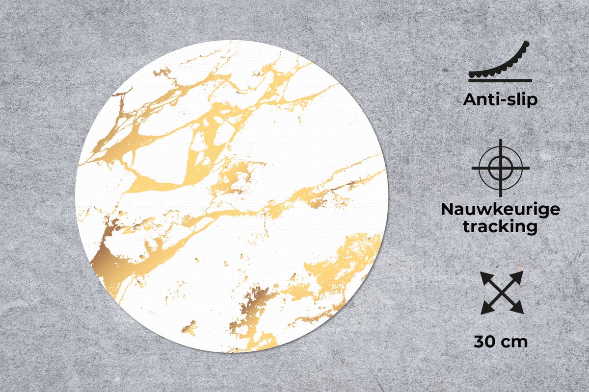 Muismat rond 30x30 cm - Mousepad Marmer - Wit - Goud - Luxe - Ronde muismatten