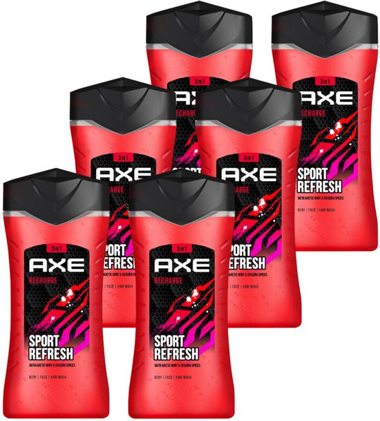 Axe - Gel douche, nettoyant pour le visage et shampoing 3 en 1 pour hommes - Recharge Sport Refresh - Parfum frais irrésistible de 12 heures de menthe arctique et d'épices fraîches - Pack économique 6 x 250 ml