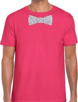 Roze fun t-shirt met vlinderdas in glitter zilver heren - shirt met strikje XL