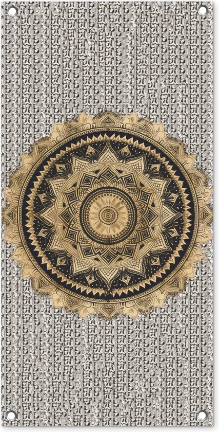 Tuinposter Mandala - Bloem - Goud - Luxe - Bohemian - 40x80 cm - Wanddecoratie Buiten - Tuinposter - Tuindoek - Schuttingposter - Tuinschilderij