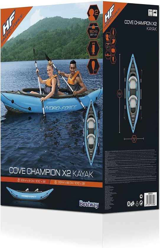 Bestway - Opblaasbare Kayak - Hydro-Force Cove Champion X2 - 2 Persoons - Inclusief Peddels, Stoelen, Handpomp en Vinnen