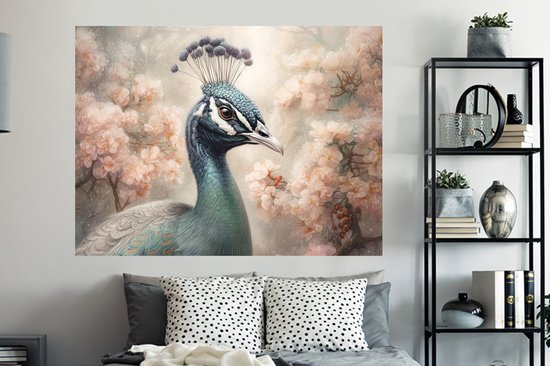 Muurstickers - Sticker Folie - Pauw - Vogels - Bloemen - Boom - Botanisch - 160x120 cm - Plakfolie - Muurstickers Kinderkamer - Zelfklevend Behang XXL - Zelfklevend behangpapier - Stickerfolie