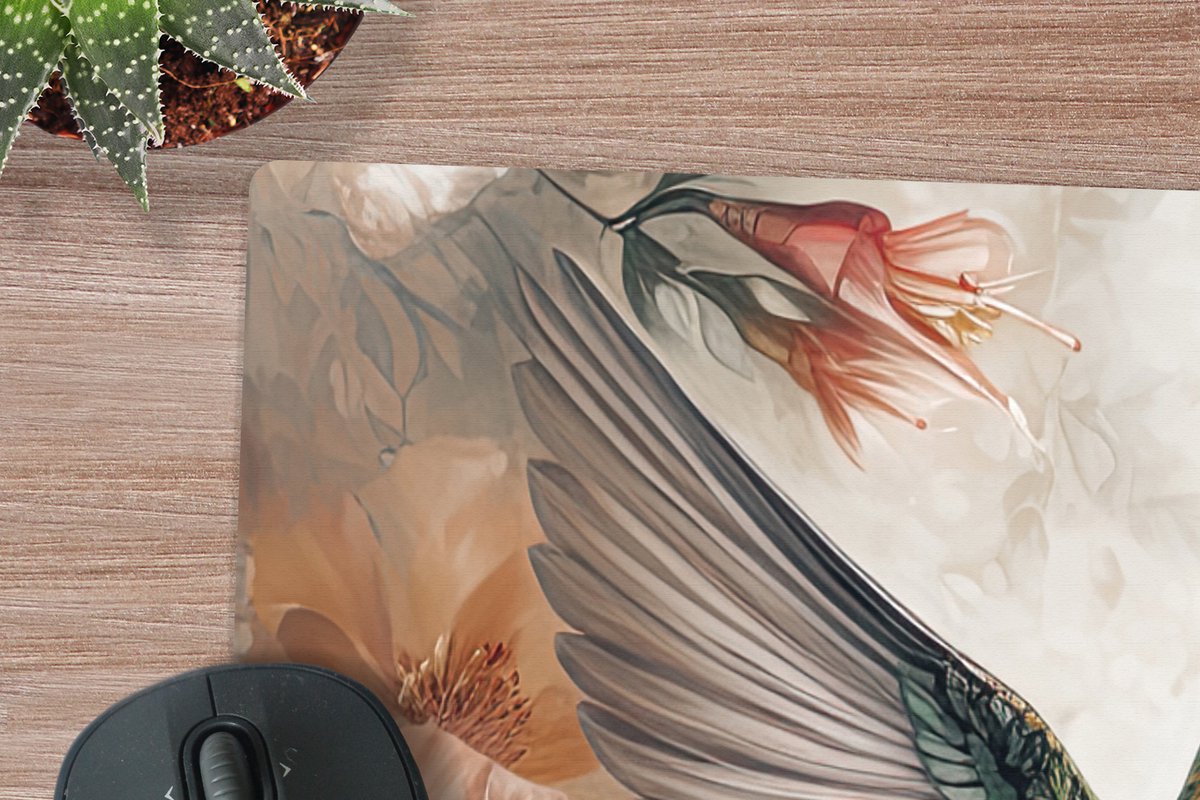 Muismat XXL 90x60 cm - Bureau onderlegger - Bureau mat Kolibrie - Vogels - Bloemen - Natuur - Bureaumat - Gaming mousepad xl - Bureaulegger groot - Computer deskmat