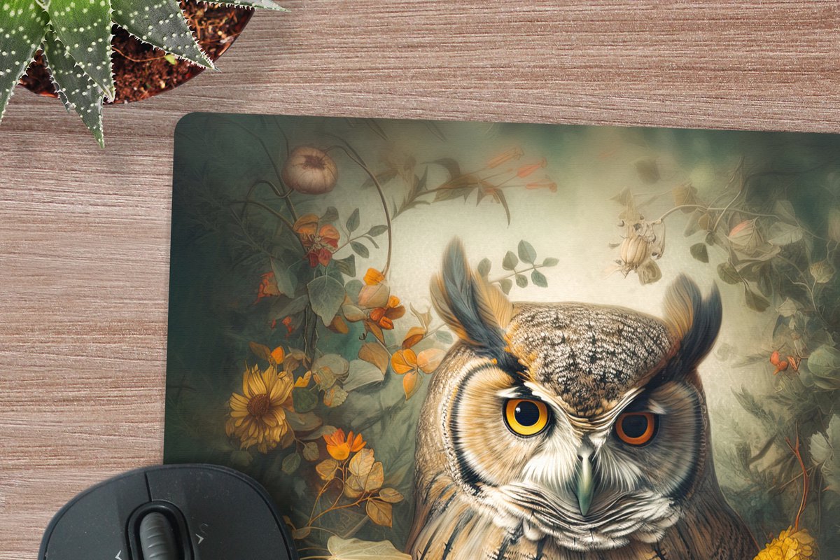 Muismat XXL 50x50 cm - Bureau onderlegger - Bureau mat Uil - Vogels - Bloemen - Natuur - Bureaumat - Gaming mousepad xl - Bureaulegger groot - Computer deskmat