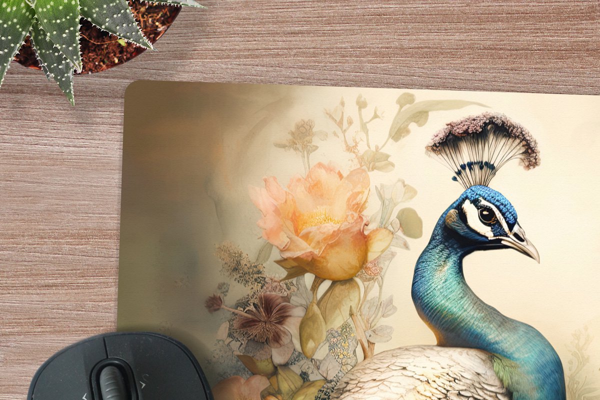 Muismat XXL 80x80 cm - Bureau onderlegger - Bureau mat Pauw - Pauwenveren - Bloemen - Vogels - Botanisch - Bureaumat - Gaming mousepad xl - Bureaulegger groot - Computer deskmat