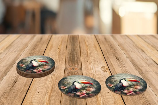 Sous-verres pour verres - Rond - Toucan - Vogels - Fleurs - Plantes - Tropical - 10x10 cm - Sous-verres en verre - 6 pièces