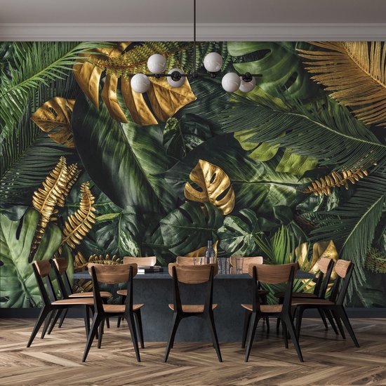 Photo Wallpaper King - Papier peint Papier peint photo - Papier peint - Jungle - Amazone - Or - Feuilles dorées - Botanique - Luxe - 416 x 254 cm - Papier peint non tissé peint intissé