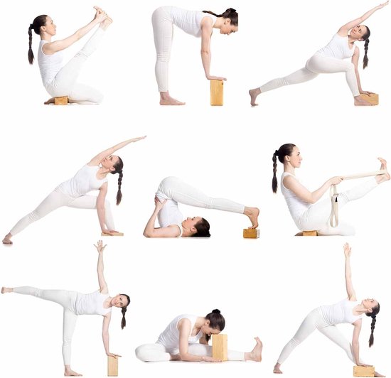 Vrouw in witte yoga-outfit demonstreert diverse yoga poses met een houten yogablok.