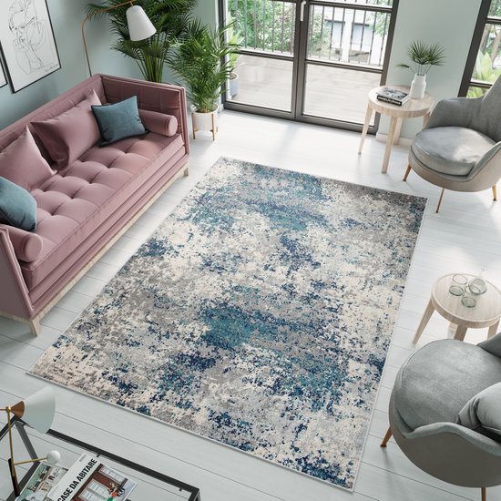 Tapiso Denver Vloerkleed Grijs Blauw Woonkamer Laagpolig Tapijt Maat- 160×230