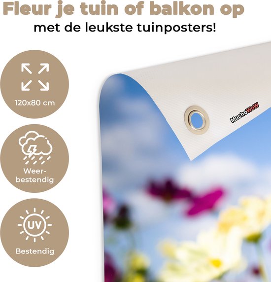 Tuinposter 120x80 cm - Tuindecoratie Bloemen - Wei - Paars - Gras - Wit - Wolken - Blauw - Poster voor in de tuin - Buiten decoratie - Schutting tuinschilderij - Tuindoek muurdecoratie - Wanddecoratie balkondoek