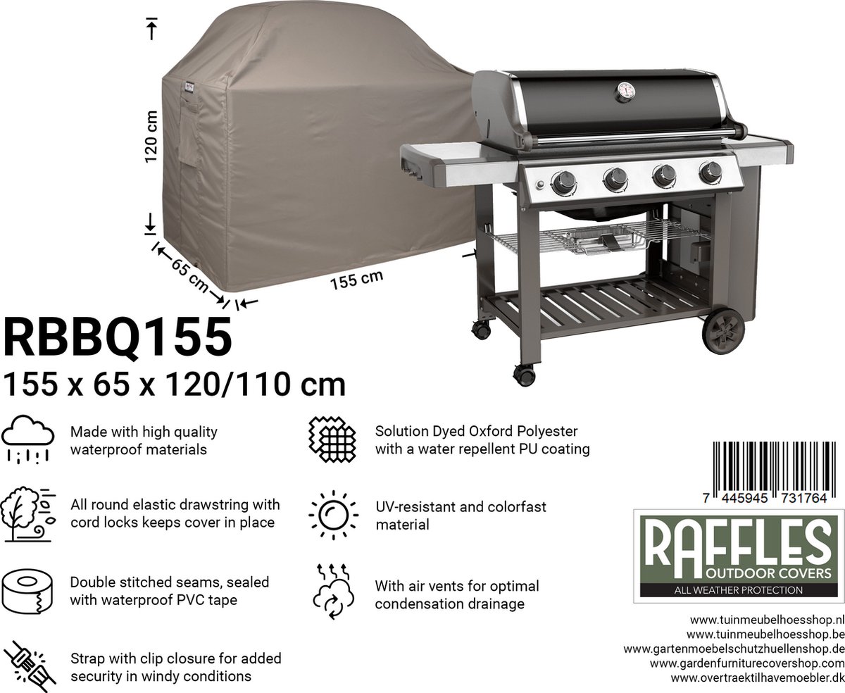 Raffles Covers BBQ hoes - 155 x 65 H: 120 cm - RBBQ155 - Waterdicht - Ademend - UV-bestendig - Elastisch rijgkoord - Beschermhoes tuinmeubelen