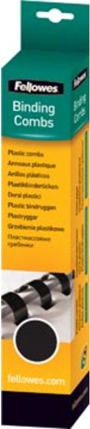 Fellowes verpakking met plastic bindruggen, 16mm, zwart. Met een afbeelding van zwarte bindringen.