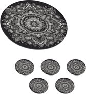Onderzetters voor glazen - Rond - Mandala - Zwart wit - Bloemen - Bohemian - Natuur - 10x10 cm - Glasonderzetters - 6 stuks