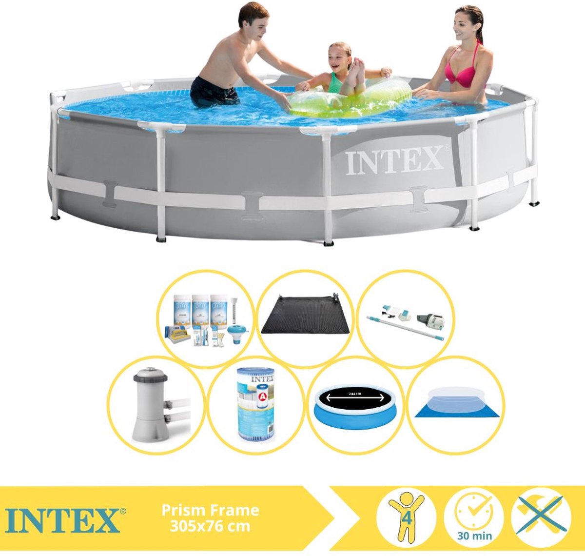 Intex Rond Prism Frame Zwembad - 366 x 76 cm - Grijs - Inclusief Pomp - Solarzeil - Onderhoudspakket - Filter - Grondzeil - Stofzuiger - Solar Mat - 8-delig
