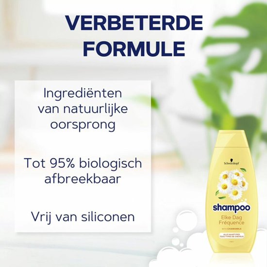 Bouteille jaune de shampoing avec logo 'Schwarzkopf' et bouchon blanc. Texte: 'Formule améliorée', 'Ingrédients d'origine naturelle', 'Jusqu'à 95% biodégradable', 'Sans silicone'.