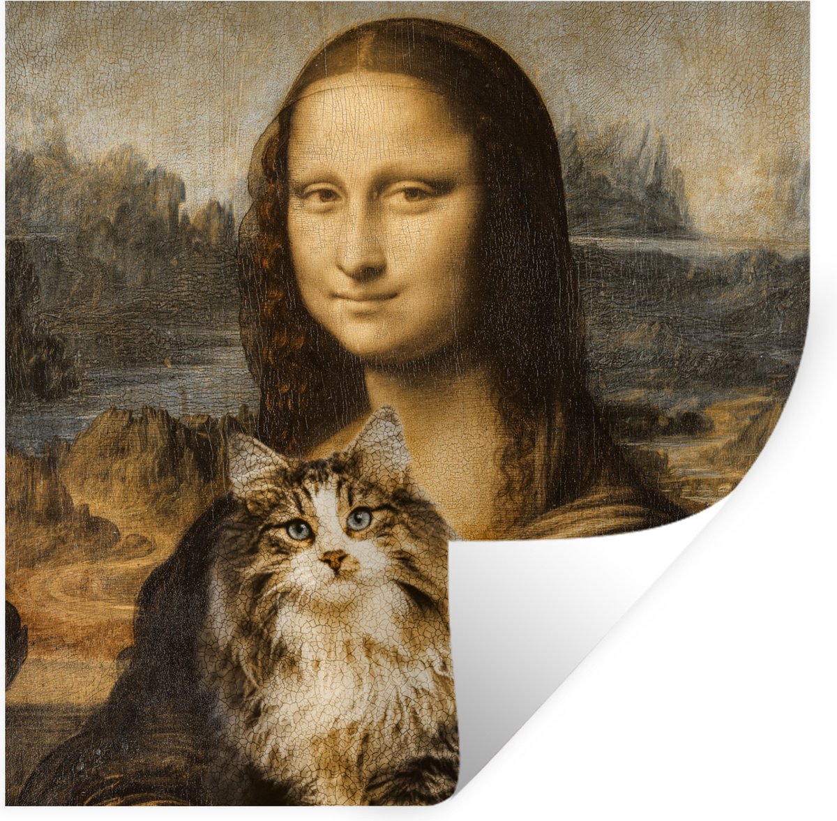 Muurstickers - Sticker Folie - Mona Lisa - Kat - Leonardo da Vinci - Vintage - Kunstwerk -
