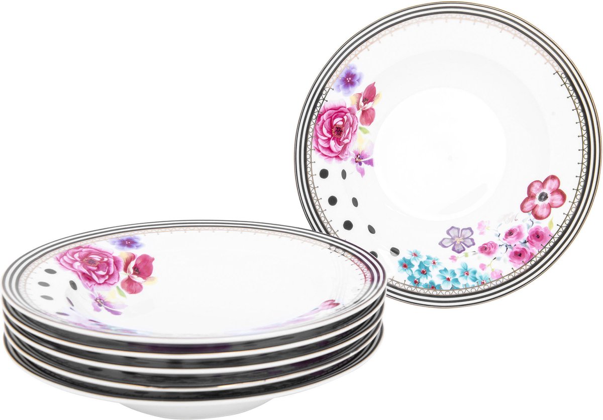 Melli Mello - Nora Flowers Soep/Pasta borden Set | Ø 23cm | Geschikt voor 6 Personen | Kleurrijke bloemen op Duurzaam Porselein
