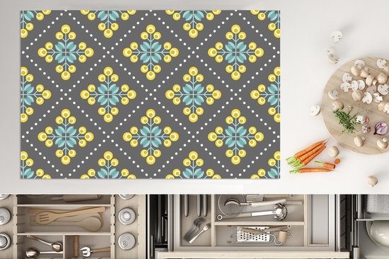 KitchenYeah® Inductie beschermer 81.2x52 cm - Design - Ruit - Bloemen - Grijs - Kookplaataccessoires - Afdekplaat voor kookplaat - Inductiebeschermer - Inductiemat - Inductieplaat mat - Keuken decoratie