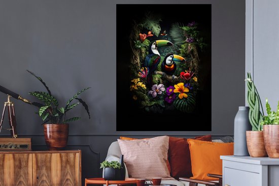 Muurstickers - Sticker Folie - Toekan - Bloemen - Tropisch - Jungle - Vogel - 90x120 cm - Plakfolie - Muurstickers Kinderkamer - Zelfklevend Behang - Zelfklevend behangpapier - Stickerfolie