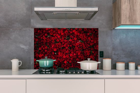 Spatscherm keuken 100x65 cm - Kookplaat achterwand Bloemen - Rozen - Rood - Muurbeschermer - Spatwand fornuis - Hoogwaardig aluminium