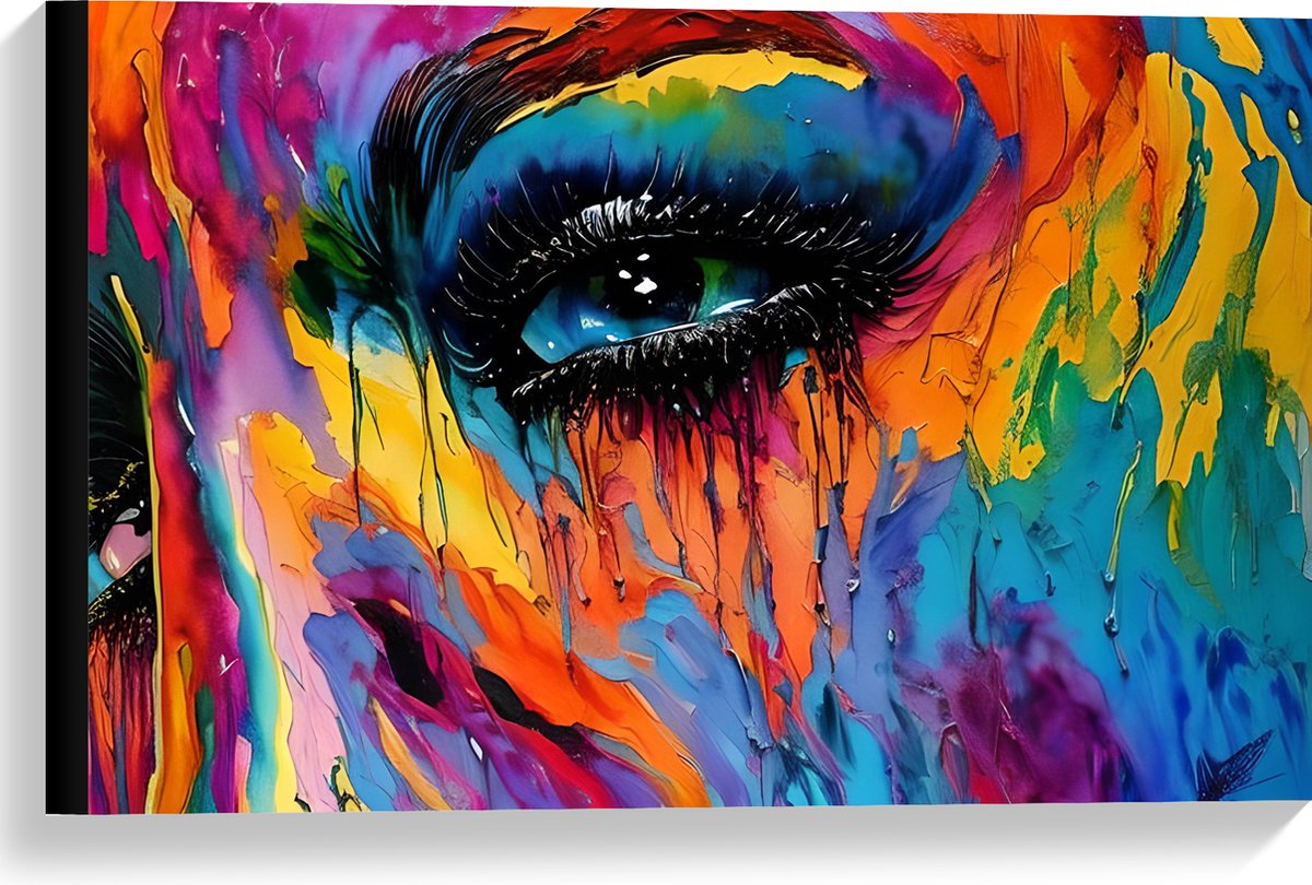 Canvas - Acrylverf Schilderij van Deel van Regenboogkleurig Gezicht - 60x40 cm Foto op Canvas Schilderij (Wanddecoratie op Canvas)