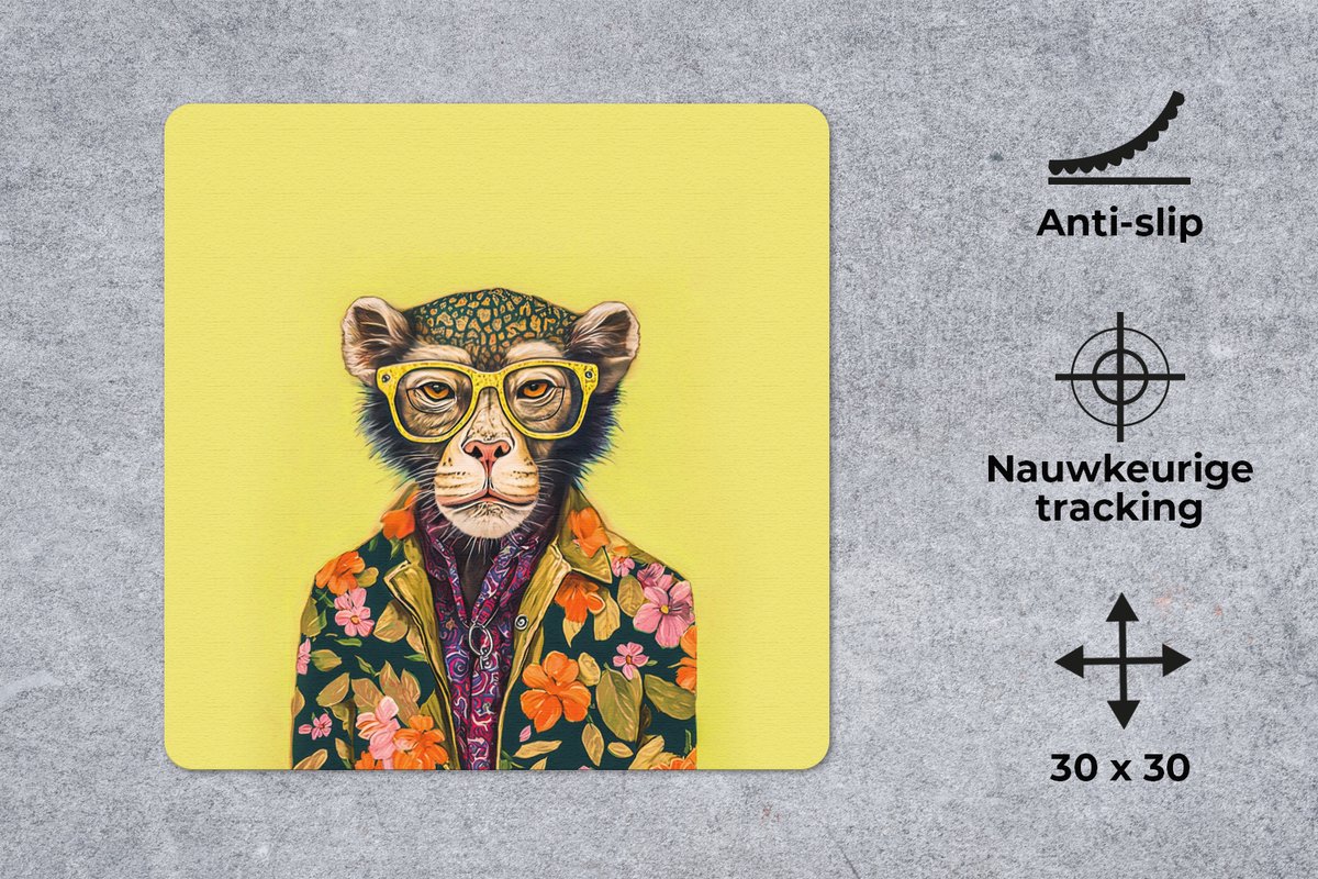 Muismat 30x30 cm - Mousepad Aap - Dieren - Bril - Design - Bloemen - Muismatten
