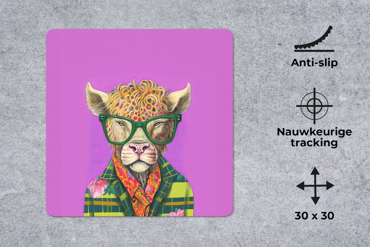Muismat 30x30 cm - Mousepad Bril - Dier - Schotse hooglander - Bloemen - Hippie - Muismatten