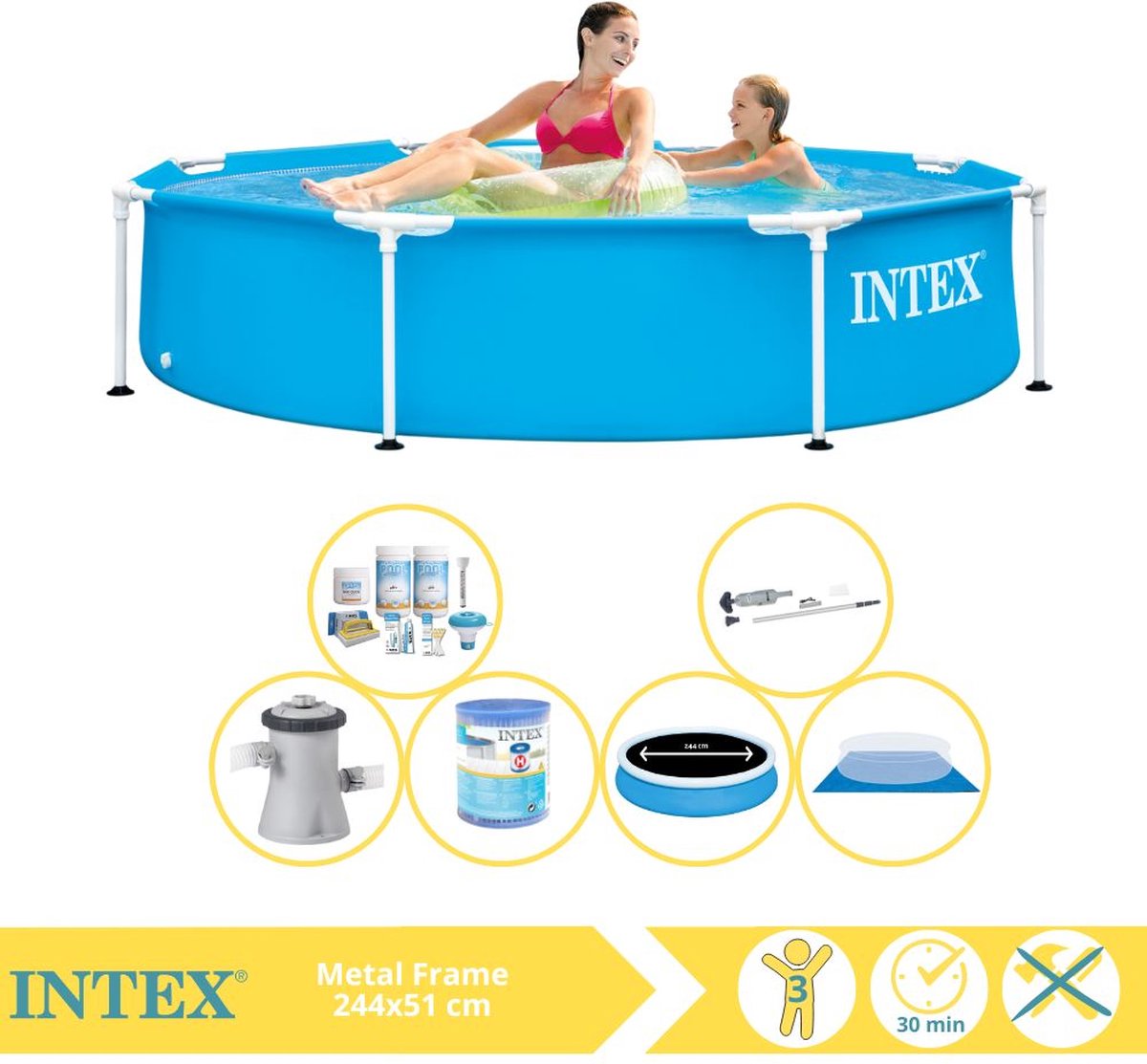Intex Rond Frame Zwembad – 244 x 51 cm – Blauw – Inclusief Solarzeil – Onderhoudspakket – Zwembadfilterpomp – Filter – Grondzeil – Stofzuiger – 7-delig