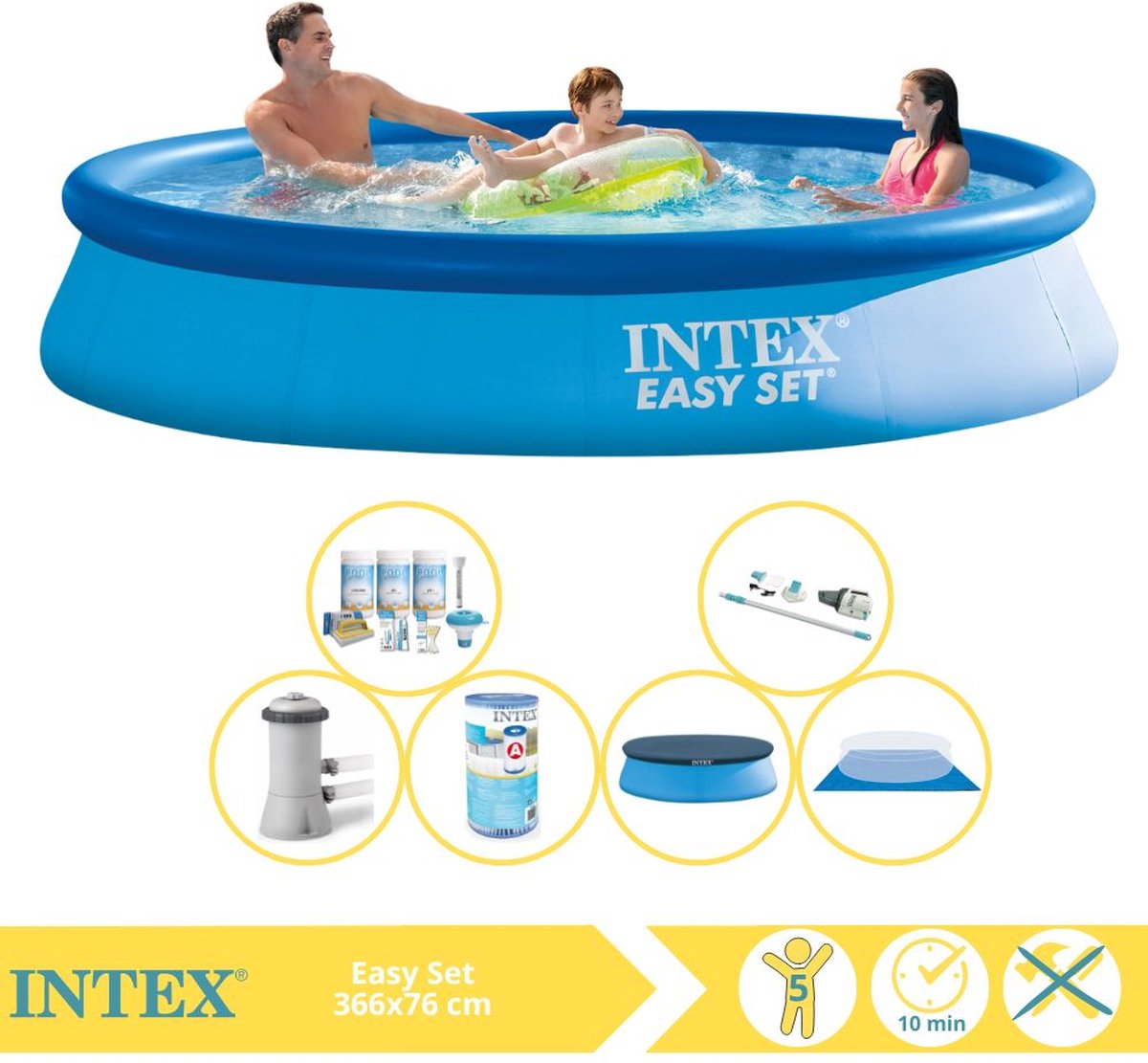 Intex Easy Set Zwembad - Opblaaszwembad - 366x76 cm - Inclusief Afdekzeil, Onderhoudspakket, Filter, Grondzeil en Stofzuiger