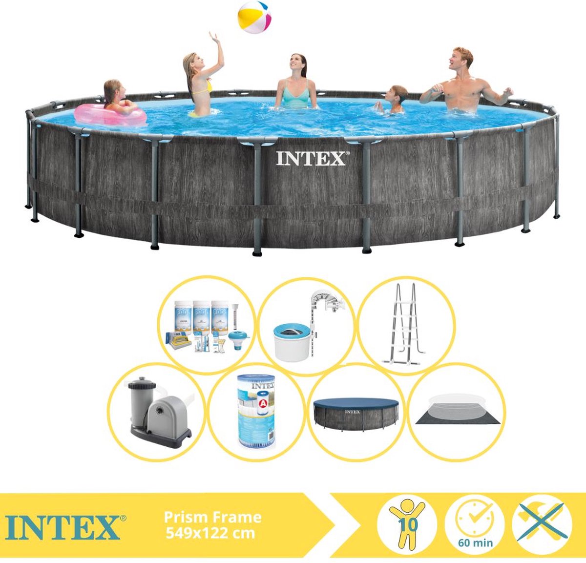 Intex Prism Frame Greywood Zwembad – Opzetzwembad – 549×122 cm – Inclusief Onderhoudspakket, Filter en Skimmer