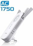 Witte TP-Link WiFi Range Extender met grijze accenten en twee antennes. Tekst 'AC 1750'.