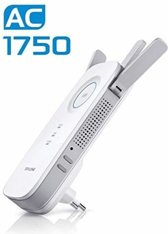 Witte TP-Link WiFi Range Extender met grijze accenten en twee antennes. Tekst 'AC 1750'.