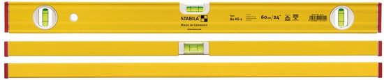 Gele Stabila waterpas 60 cm met twee glazen en een set van twee waterpassen.