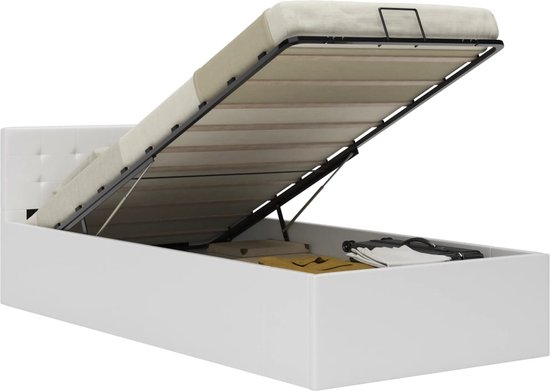 vidaXL Cadre de lit avec rangement en cuir artificiel hydraulique Blanc  90x200 cm | bol