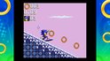 Sonic the Hedgehog die op een board door een level met gouden ringen en paarse blokken skatet.