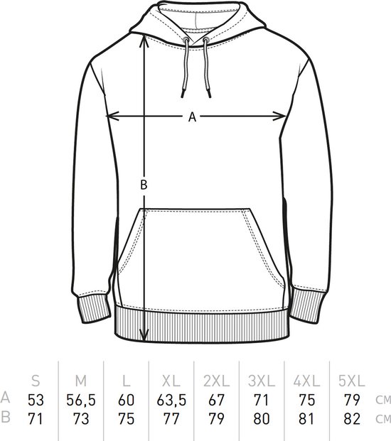 Tableau des tailles avec dimensions A et B pour un sweat à capuche