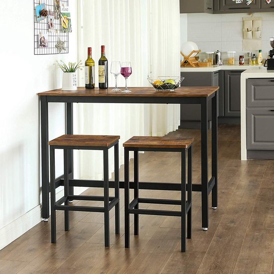 Table de bar avec chaises de bar - Rectangulaire - Tabourets de bar industriels - Table de bar pour intérieur & extérieur - Métal et bois - 120x60x90cm