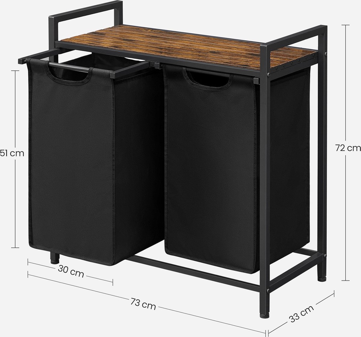 Luxe Wasmand - 2x46L - Zwart - Met hengsels - Rechthoek - Wasbox - Wassorteerder