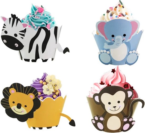 Animal Dieren Jungle Cupcake Taart Wrappers Vormpjes 12 stuks Aap Zebra Olifant Leeuw