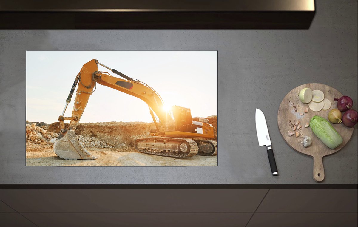 Inductieplaat Beschermer - Zonnestralen door Graafmachine op Bouwplaats - 80x52 cm - 2 mm Dik - Inductie Beschermer van Vinyl