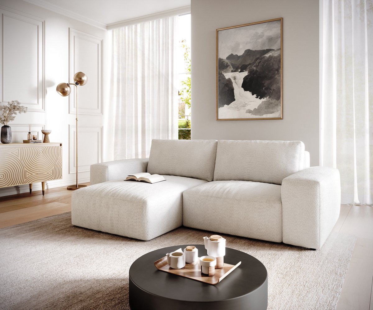 DELIFE Hoeksofa Lanzo bouclé crème-wit 230x155 cm met variabele recamière Creme-Weiß
