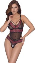 Kanten Stringbody Met Open Kruisje - Zwart/Rood
