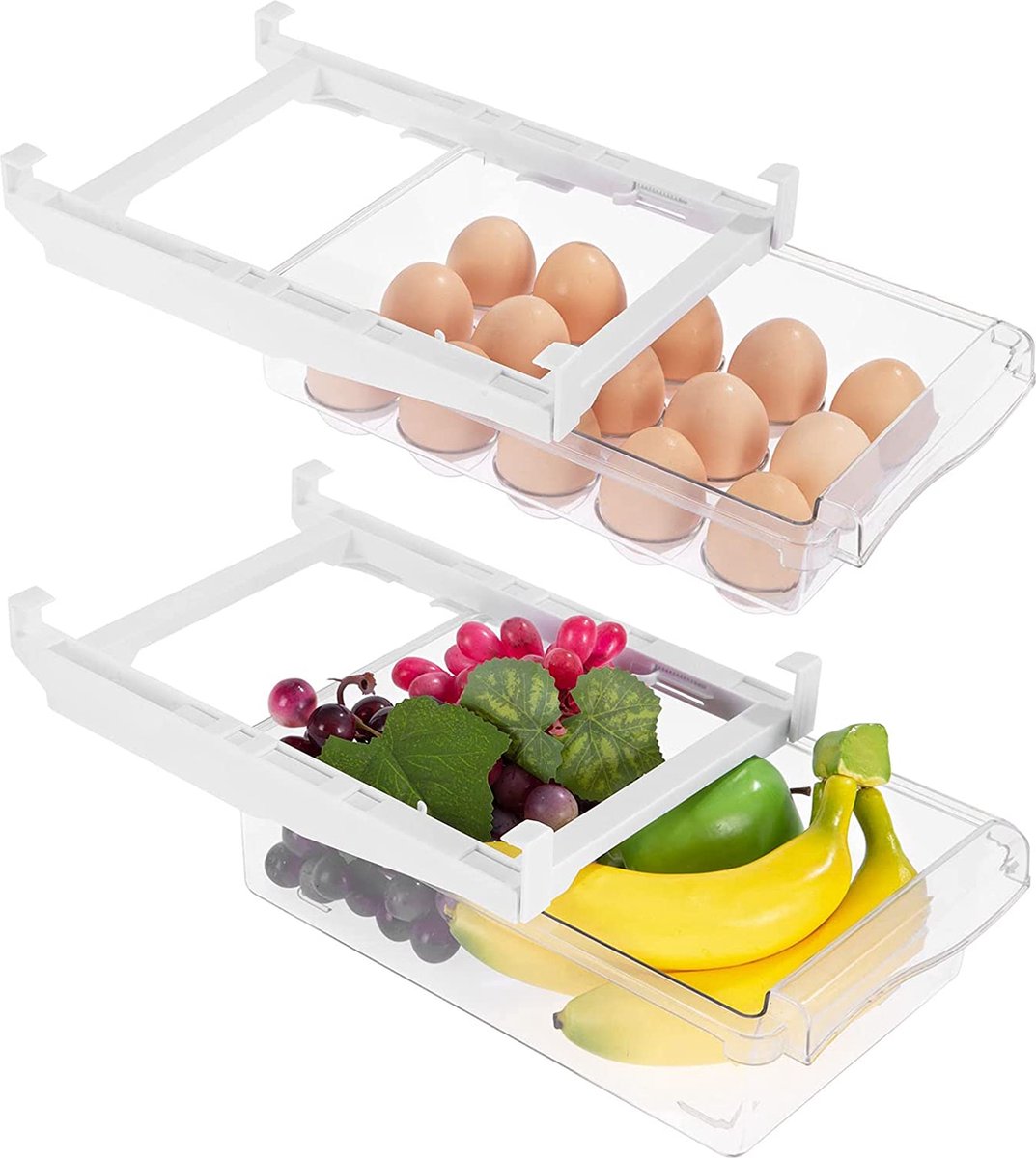 2 Pack Koelkast Organizer Lade, Uitschuifbare Koelkast Lade Organizer, Koelkast Opbergdoos, Doorzichtige Container Voedsel Dranken Eieren Fruit