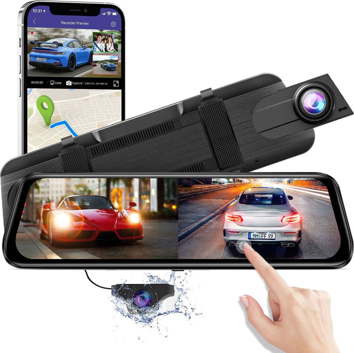 AZDome AR09 QuadHD 2CH Full Mirror Wifi Touch dashcam voor auto