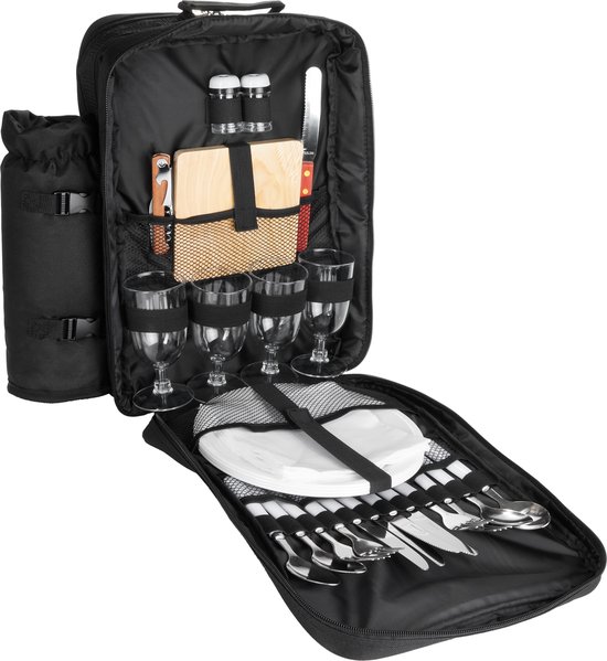 BRUBAKER picknickrugzak picknicktas met inhoud voor 4 personen - Picknick mand - met geïntegreerde koeltas en afneembare flessenzak